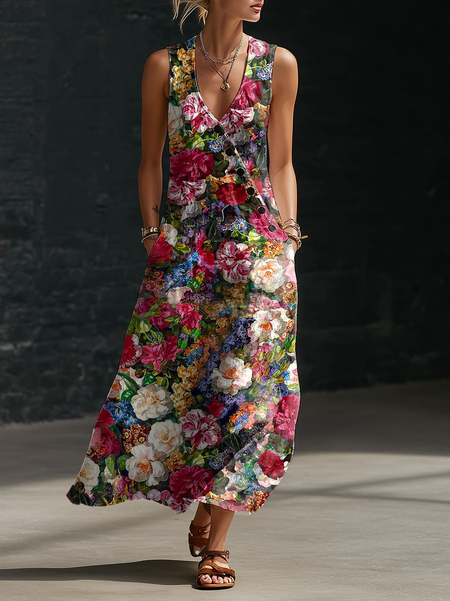 Women's Floral Print Button-down V-neck Casual Dress