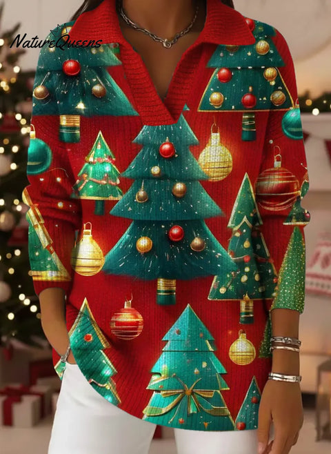 Women's Christmas Tree Art Print Casual Cotton Sweater