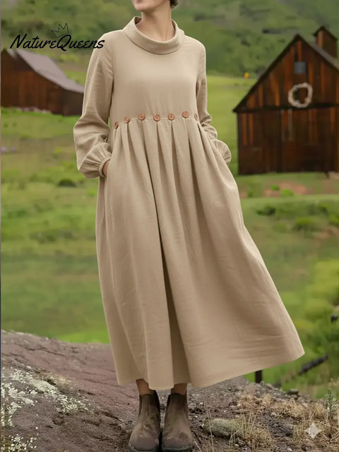 Women's Loose Casual Decorative Button Cotton Linen Dress