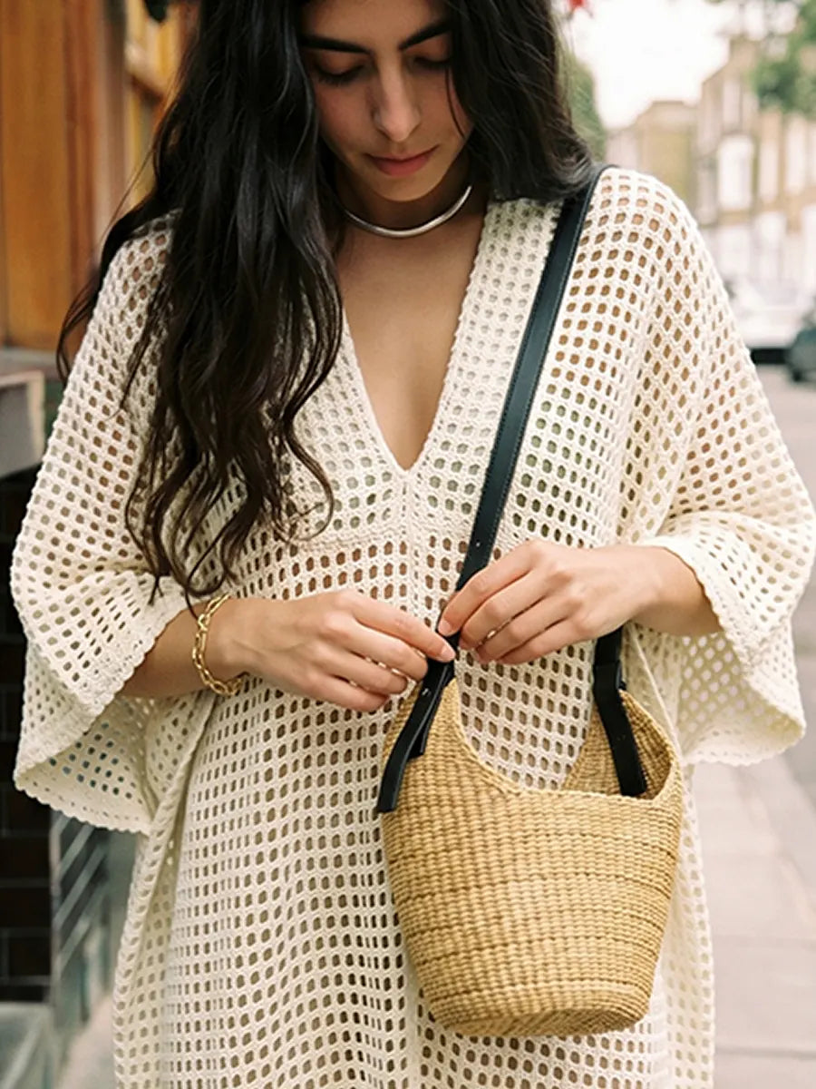 Women Deep V Neck Batwing Sleeve Open Crochet Mesh Kaftan Dress, Side Split Loose Oversized Beach Cover Up Maxi Dress