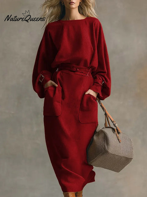 Women's Solid Color Round Neck Long Sleeve Casual Loose Dress