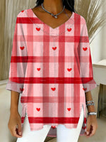 Women's Valentine's Day Heart-shaped Art Print Casual Washed Denim Cotton Top