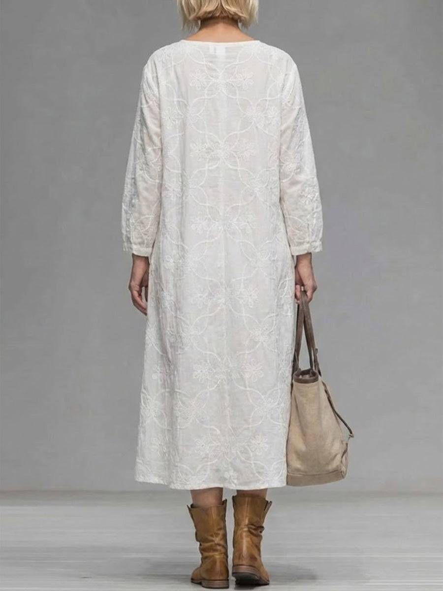 Women's Solid Color Round Neck Long-sleeved Casual Loose Cotton Embroidered Dress