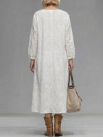 Women's Solid Color Round Neck Long-sleeved Casual Loose Cotton Embroidered Dress