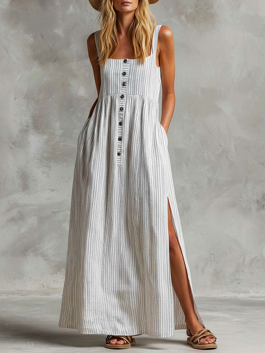 Women's Striped Art Casual Button Stylish Comfortable Cotton Linen Dress