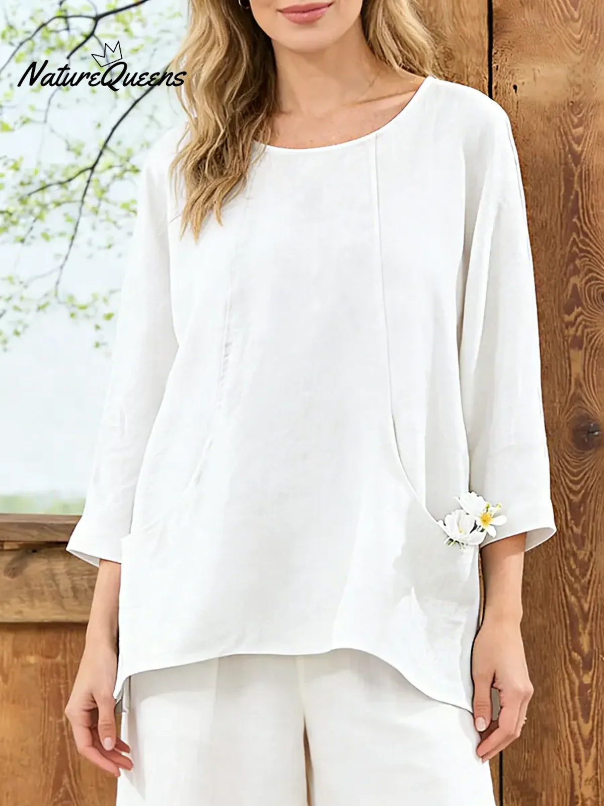 Women's Solid Color Round Neck 3/4sleeved Casual Loose Cotton And Linen Top