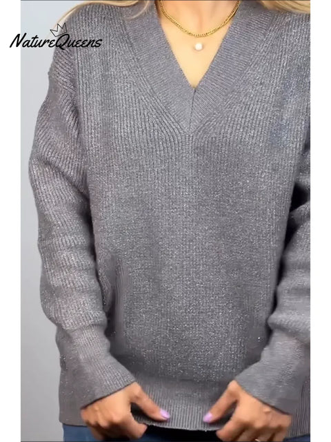 Women's V Neck Shiny Knit Sweater