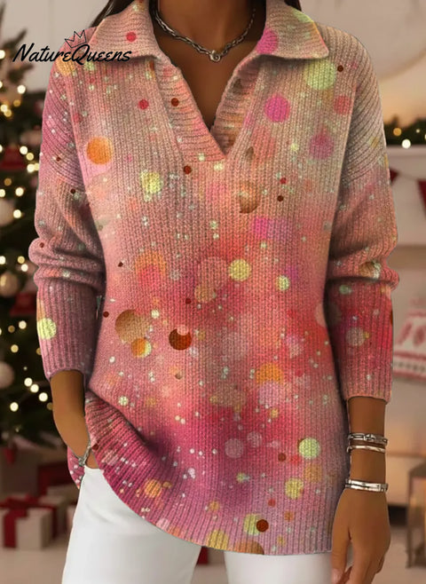 Gradient Dots Print Lapel Casual Knit Sweater