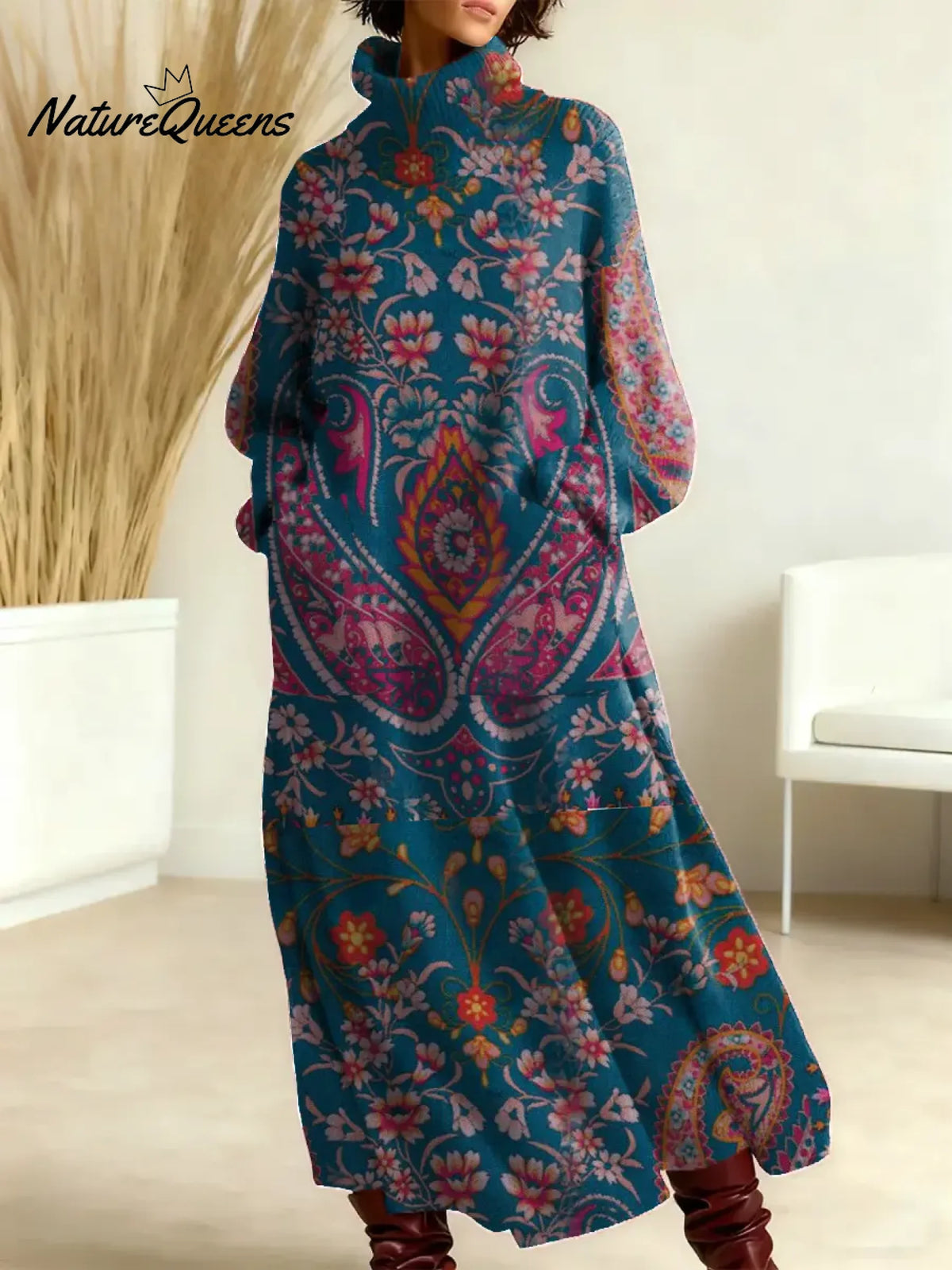 Women's Vintage Symmetrical Paisley Pattern Art Print Casual Cotton Knitted Dress