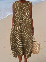 Women's Vintage Line Art Print Sleeveless Cotton Pocket Wrap Dress