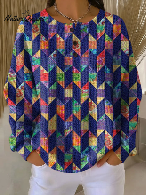 Women's Geometric Color Splicing Pattern Art Print Casual Cotton Shirt