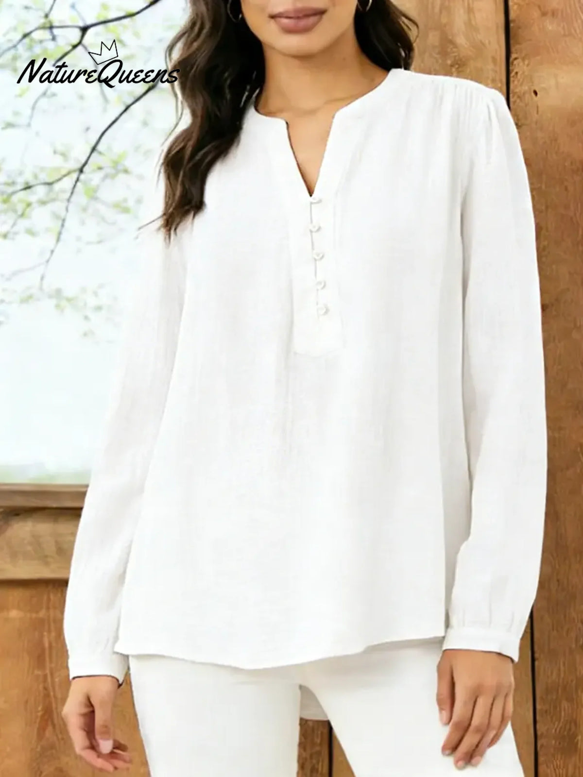 Women's Solid Color V-neck Long-sleeved Casual Loose Cotton And Linen Top