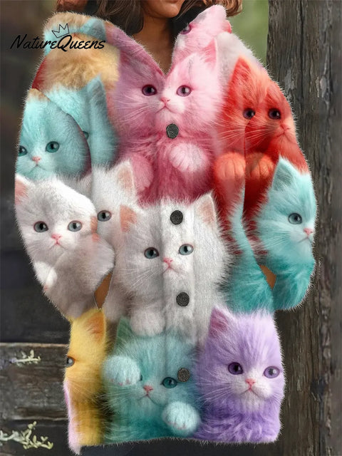 Cozy Cute Cats  Art Print Casual Plush Warm Coat
