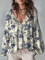 Women's Vintage Floral Pattern Art Print Casual Cotton Linen Shirt