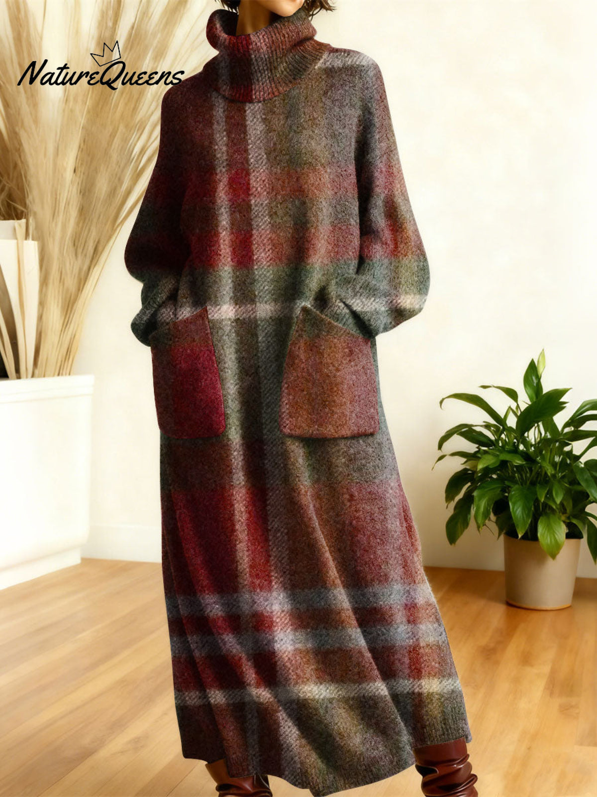 Women's Retro Colors And Plaid Patterns Art High-neck Long-sleeve Casual Loose Knit Dress