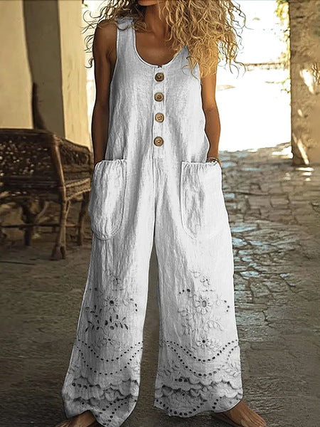 Women's Vintage Lace Casual Cotton And Linen Loose Straight-leg Wide-leg Pants