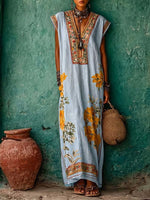 Women's Vintage-print V-neck Sleeveless Loose-fit Cotton-linen Casual Dress