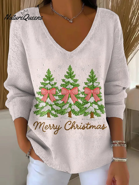 Women's Christmas Tree Pattern Art Print Casual V-Neck Sweater