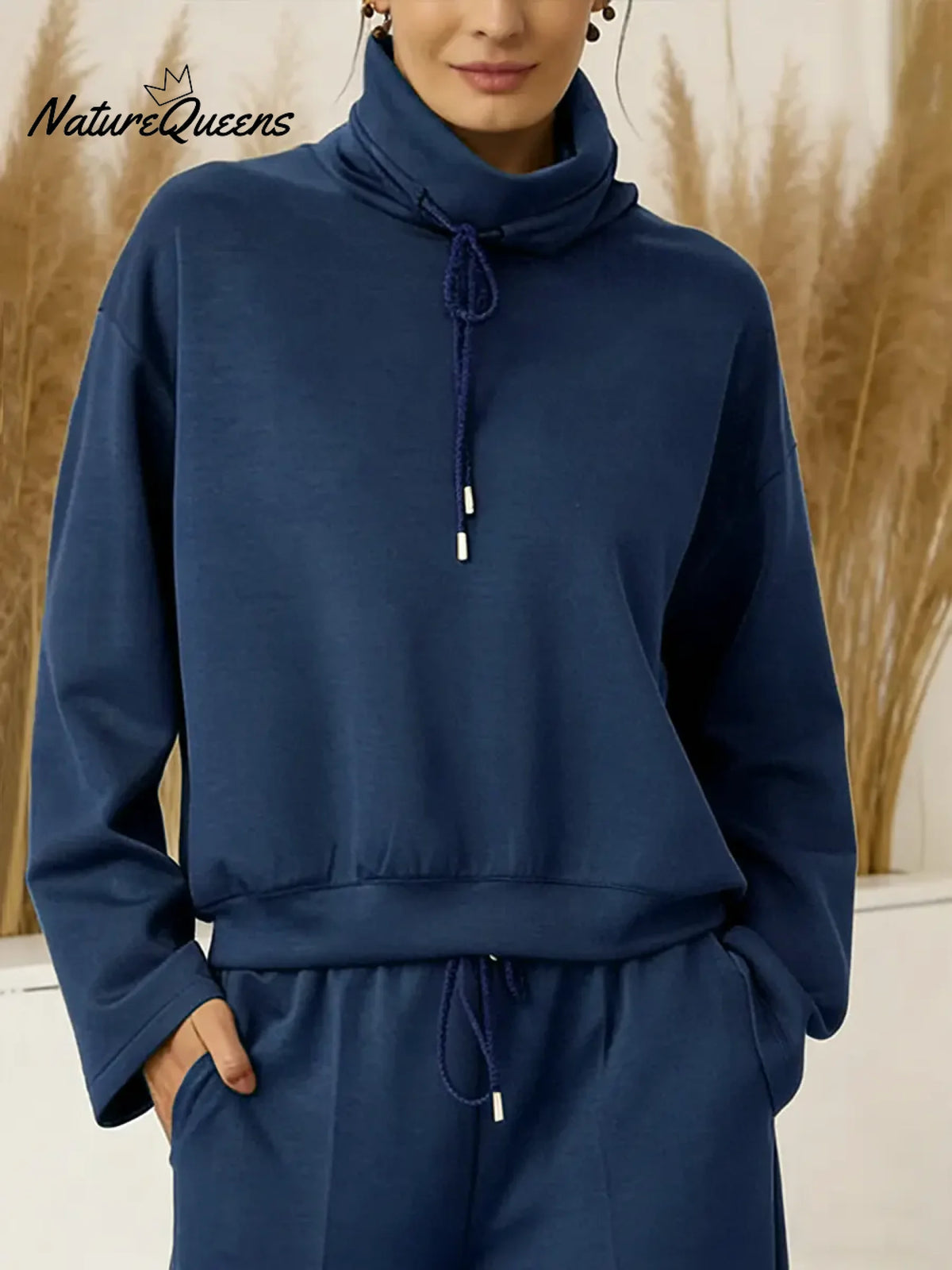 Women's Solid Color High-neck Drawstring Long-sleeve Casual Loose-fitting Sweatshirt