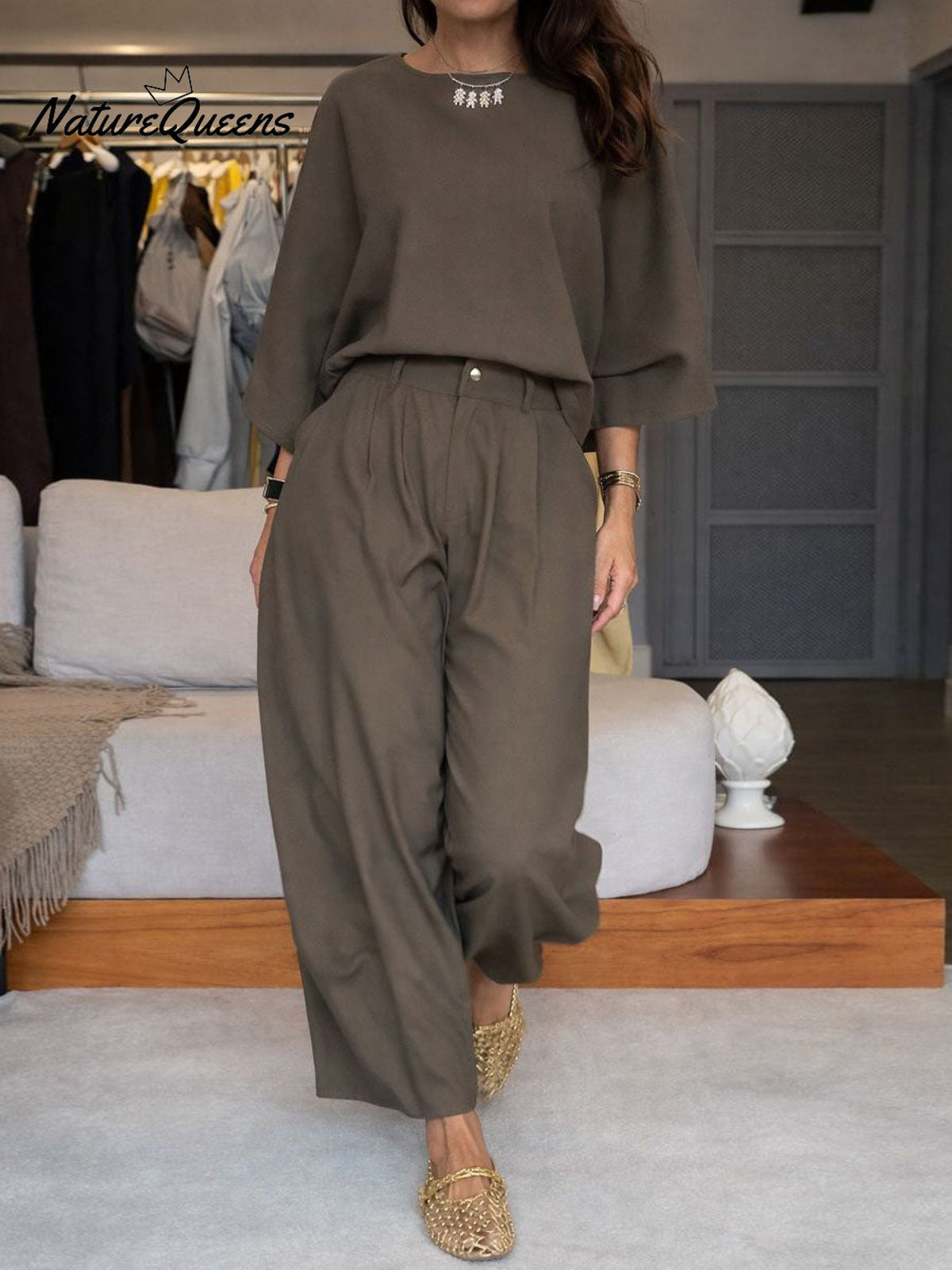 Women's Solid Color Round Neck Three-quarter Sleeve Casual Loose Top And High-waisted Casual Loose Wide-leg Pants Cotton Set.