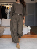 Women's Solid Color Round Neck Three-quarter Sleeve Casual Loose Top And High-waisted Casual Loose Wide-leg Pants Cotton Set.