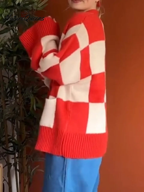 Women's Comfortable Red Plaid Cardigan Sweater