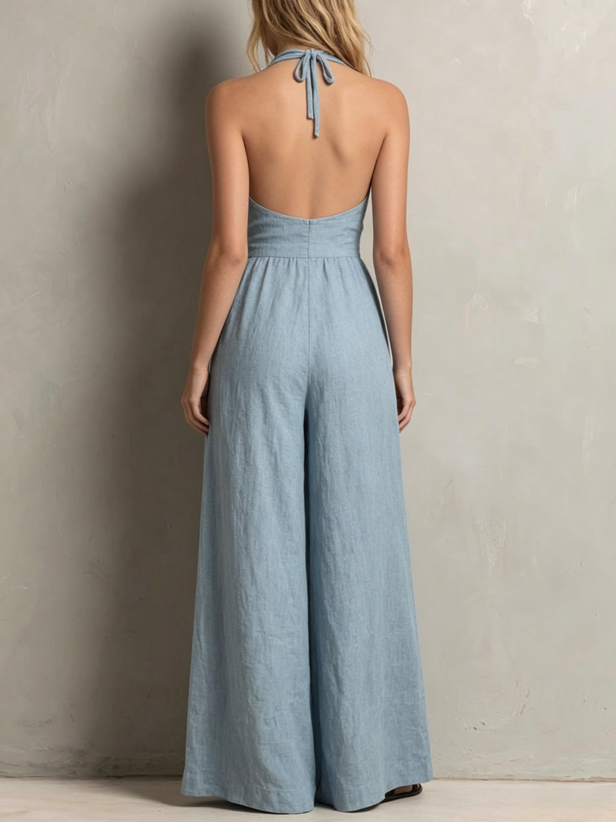 Women's Light Blue Halter Neck Hollow-out Cotton Linen Wide-leg Jumpsuit