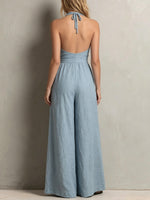 Women's Light Blue Halter Neck Hollow-out Cotton Linen Wide-leg Jumpsuit