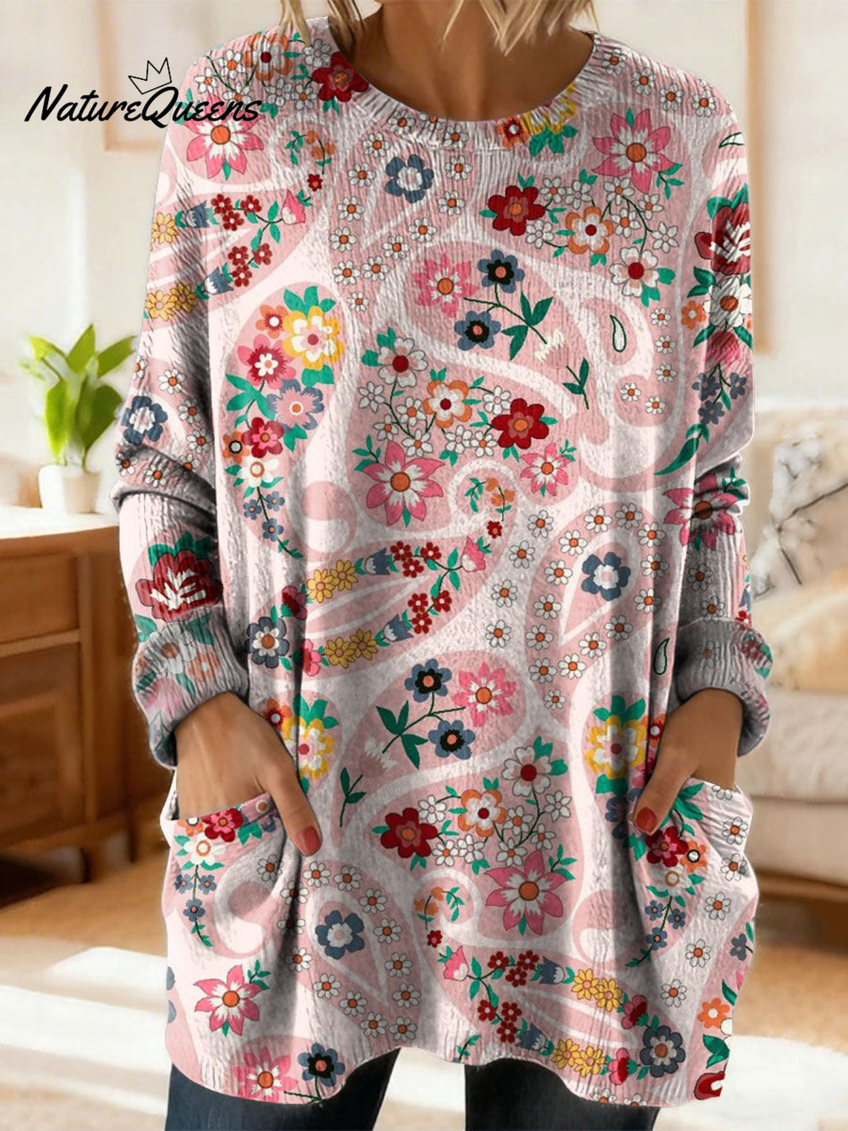 Women's Retro Floral Flower Ethnic Art Print Casual Cotton Knitted Sweater