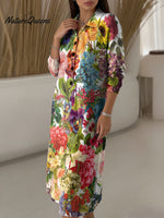Blooming Flowers Decorative Patterns Women's Casual Shirt Collar Long Sleeve Dress