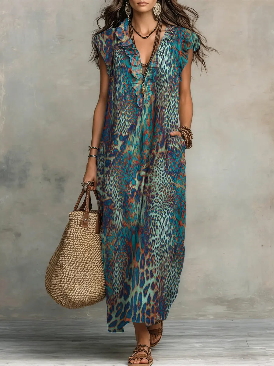 Retro Animal Print Cotton-linen Ruffled Dress