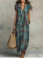 Retro Animal Print Cotton-linen Ruffled Dress