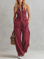 Solid-color Sleeveless V-neck Color-block Wide-leg Pant Set