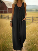 Cozy Pleated Drawstring Cotton Jumpsuit
