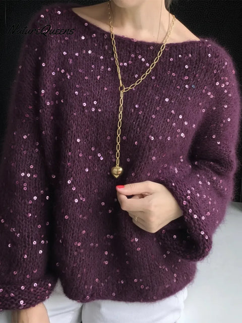 Dreamy Winter Boat Neck Loose Sequined Sweater Top
