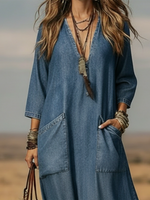 Casual V-neck Patch Pockets Denim Dress