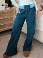 Women's Color-blocked Wide-leg Casual Pants With Elastic Waist And Drawstring Drawstring.
