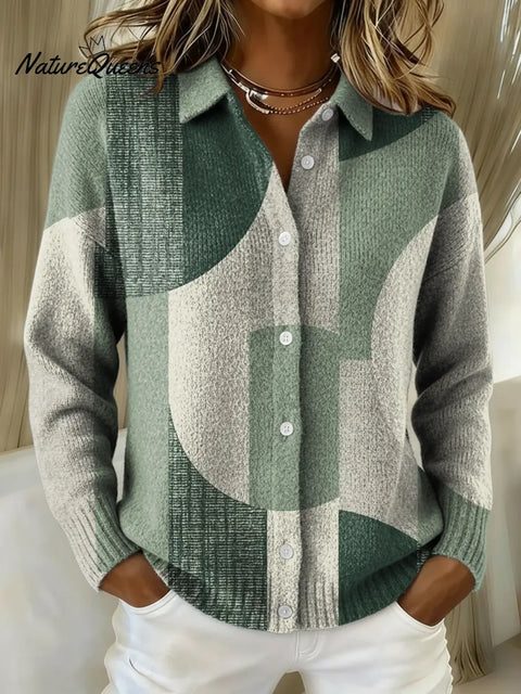 Women's Green Art Geometry Printed Collared Sweater