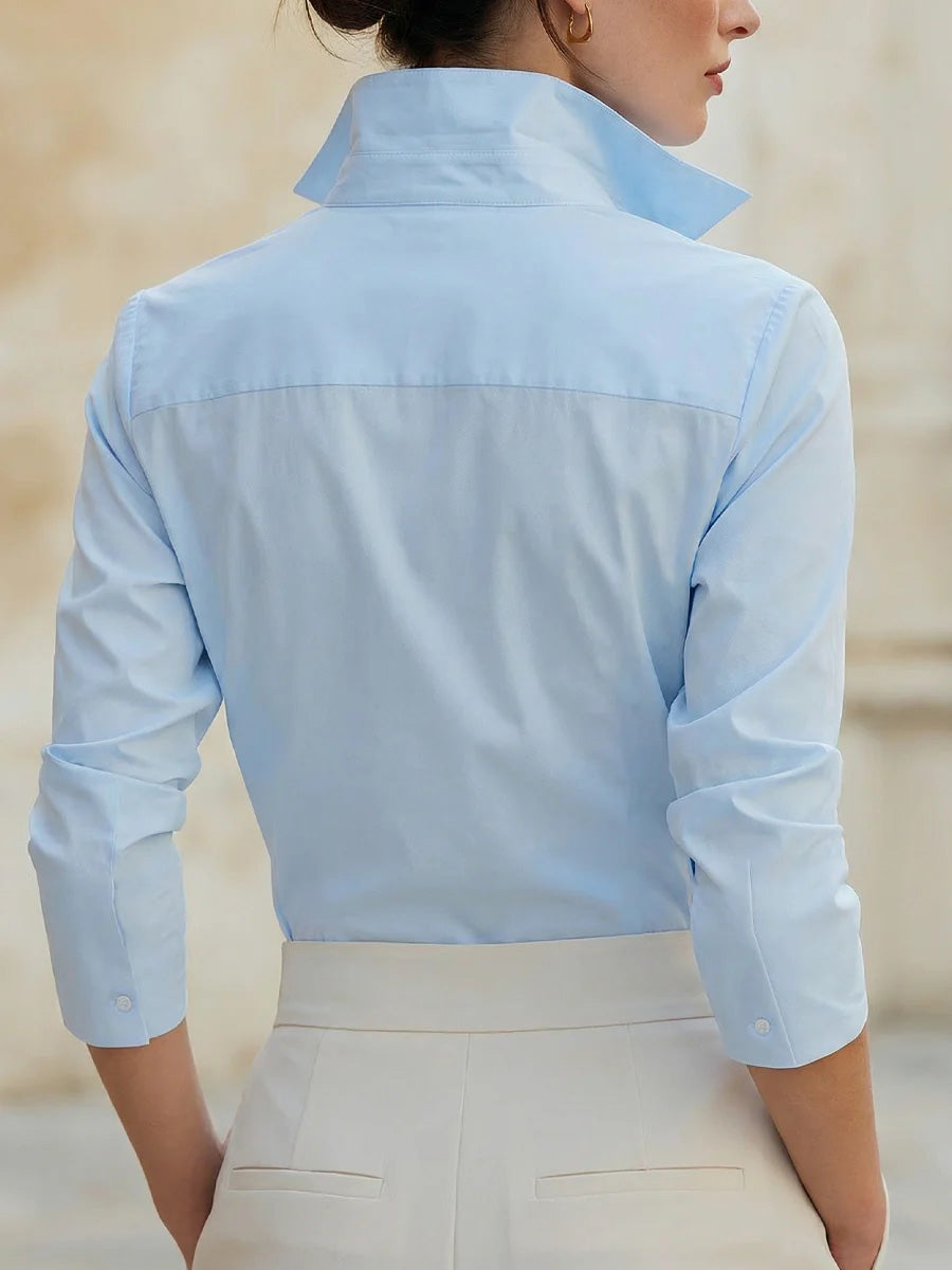 Women's Solid Color Stand Collar 3/4 Sleeve Casual Loose Cotton Shirt