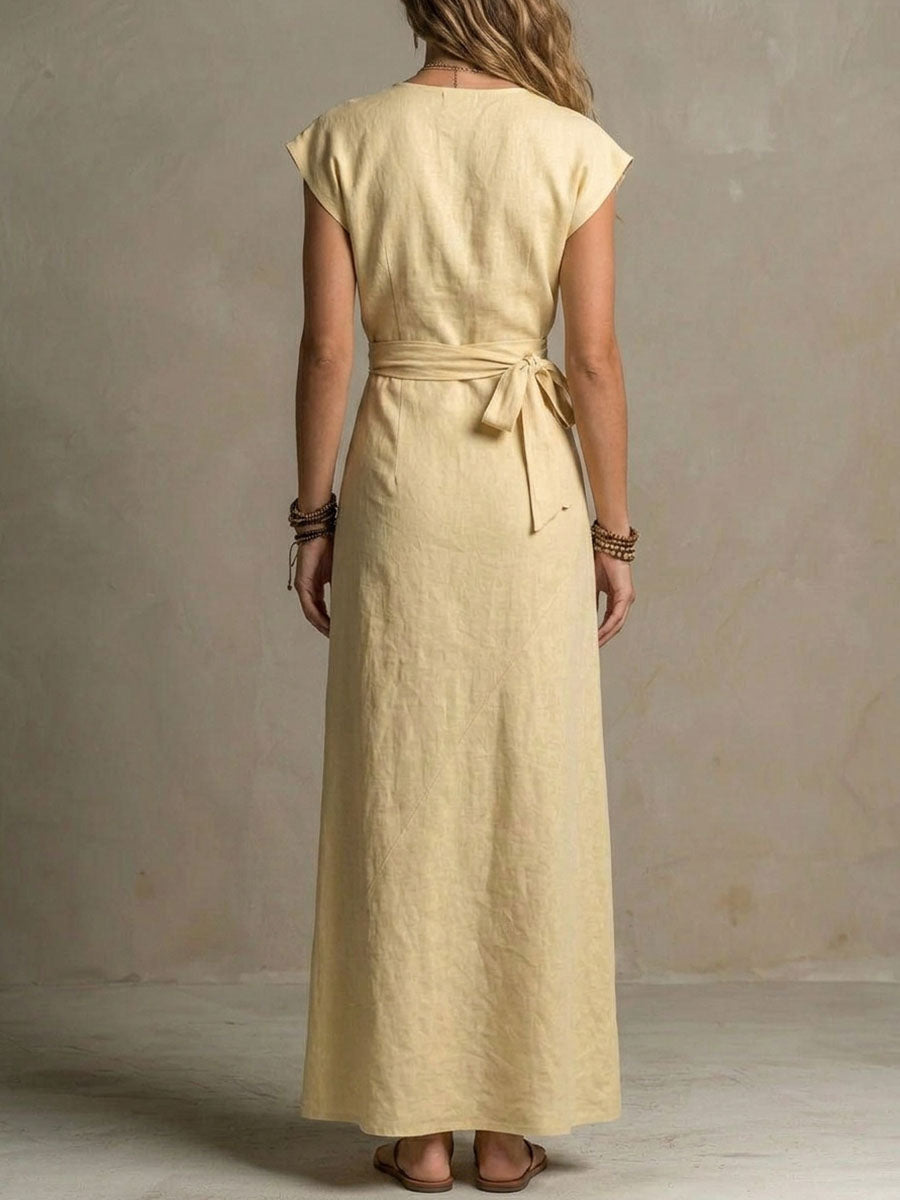 Women's V-neck Sleeveless Wrap-style Cotton-linen Dress