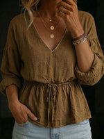 Women's V-neck Long-sleeve Linen Cotton Top