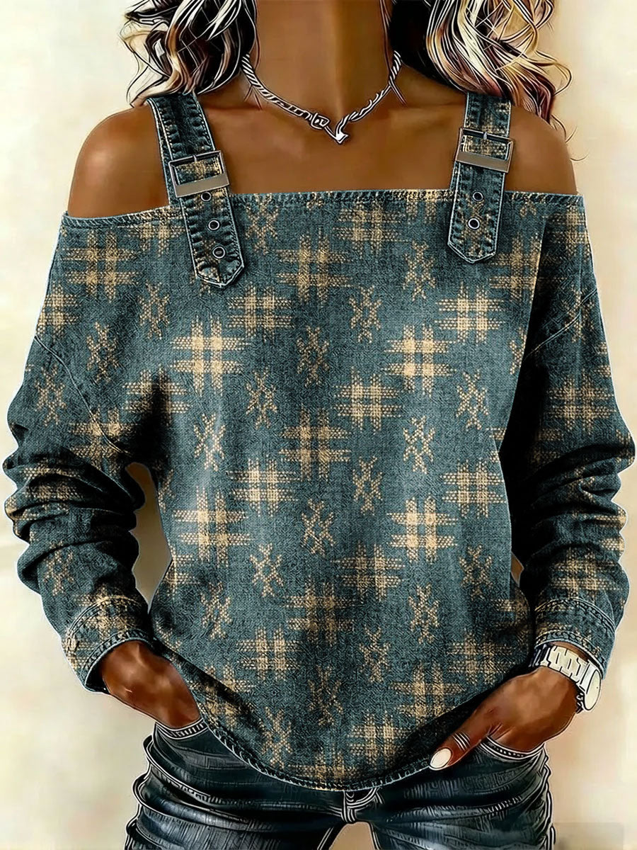 Women‘s Vintage Pattern Art Print Casual Cotton Denim Shirt