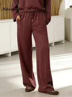 Women's Solid Color High-waisted Drawstring Wide-leg Casual Pants