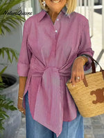 Women's Striped Print Tie-front Lapel Long-sleeved Loose Casual Shirt