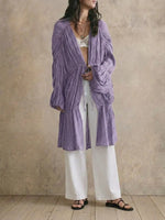 Women Crinkled Textured Open Front Long Cardigan, Drawstring Ruched Balloon Sleeve Ruffle Hem Casual Duster Coat