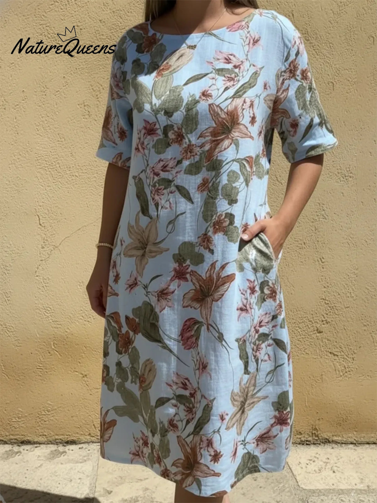 Lily Flower Print Round Neck A-line Dress