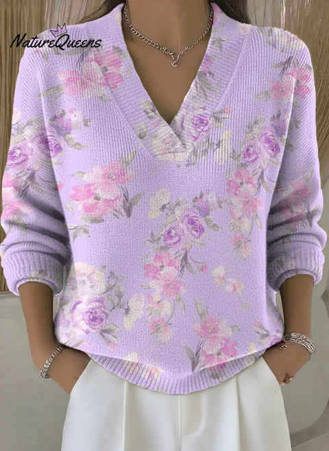 Purple Floral Art Print V-Neck Sweater
