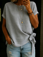 Women's Solid Color Round Neck Short-sleeved Tie-front Linen Cotton Shirt