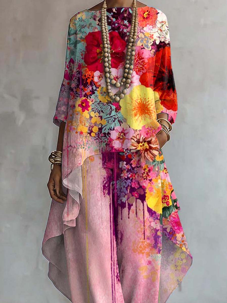 Women's Floral Art Print Casual Stylish 3/4 Sleeve Cotton Suits