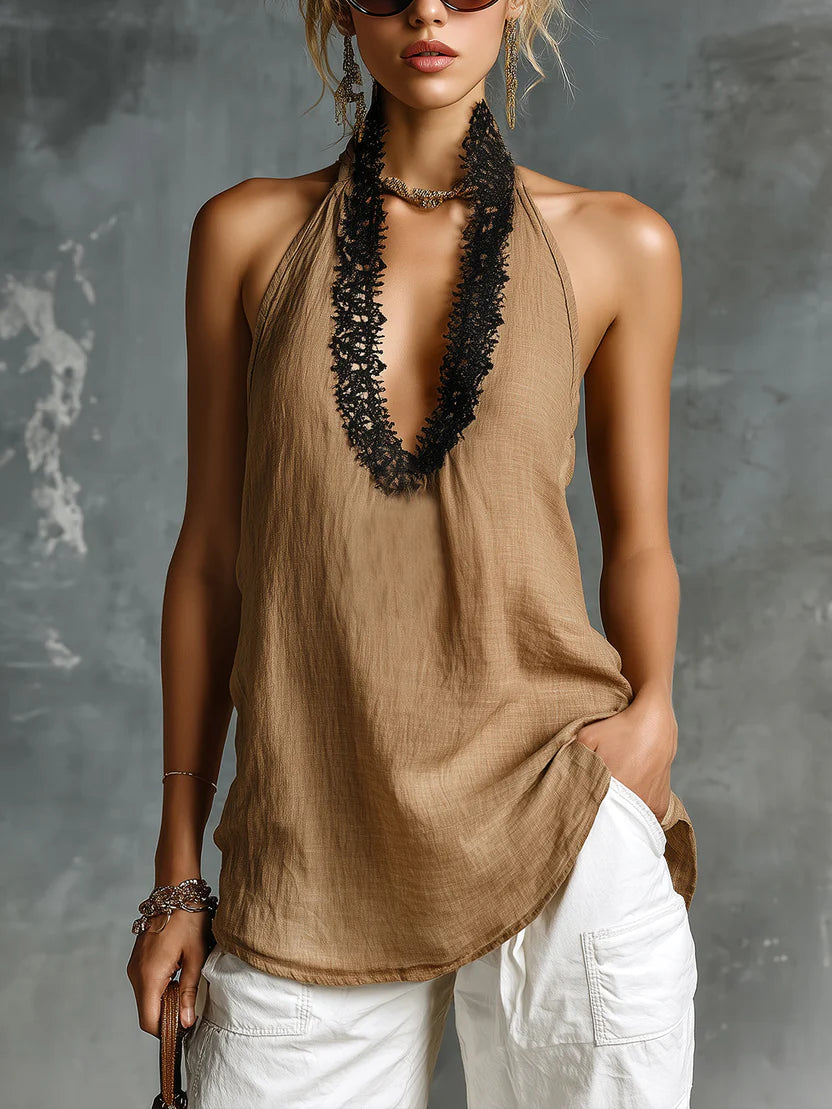 Stylish And Elegant Linen-cotton Halter Top With Lace Splicing